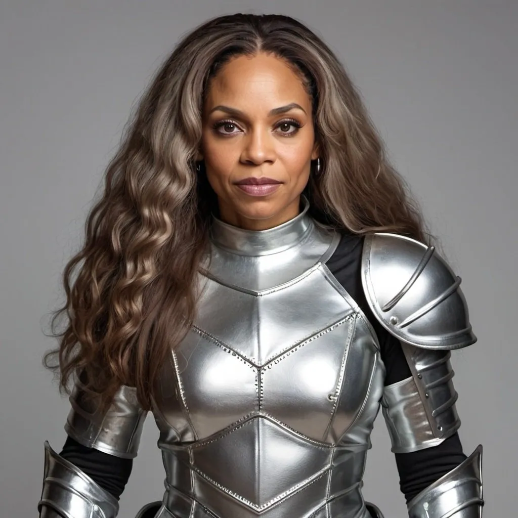 Prompt: light skinned 40 year old
black woman with long brownish hair in full sleeved silver leather armor no garment
