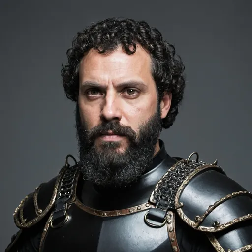 Prompt: man with curly all black beard wearing black armor