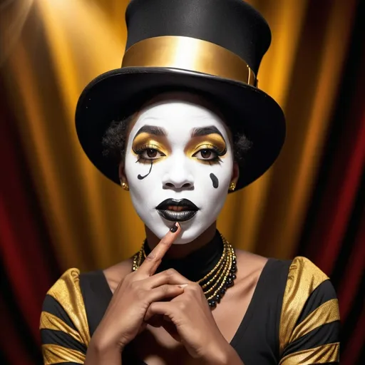 Prompt: Black female mime with gold top hat