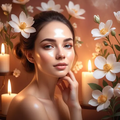 Prompt: (a woman taking care of her skin), radiating confidence and serenity, artistic representation with soft, warm lighting, tranquil ambiance, serene setting, beauty products artfully arranged around, delicate flowers in the background, gentle expression on her face, highlighting facial features, ultra-detailed, vibrant colors, capturing a moment of self-care and elegance, HD quality.