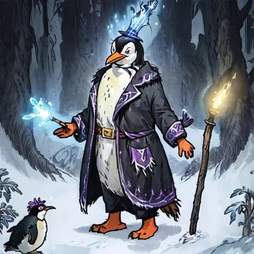 Prompt: Sorcerer penguin, magical robe, enchanted staff, mystical aura, high quality, digital painting, fantasy, cool tones, glowing effects, detailed feathers, icy environment, mysterious lighting