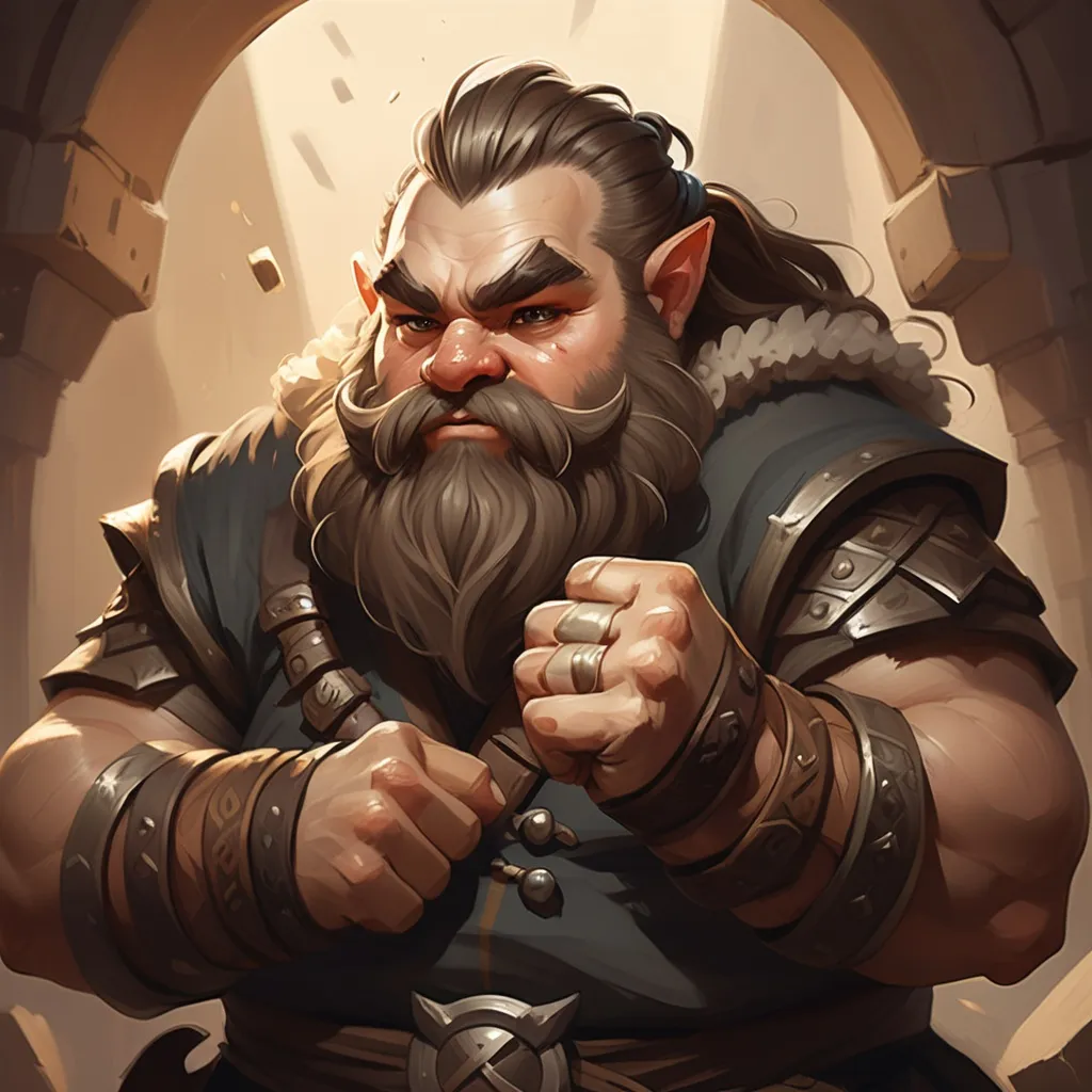 Prompt: dwarf character black topknot balding hair bandages on hands fistfight , fantasy character art, illustration, dnd, warm tone