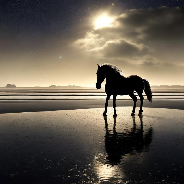 Prompt: 
This description presents a visual scene that creates a grand and imaginative picture by placing the horse on the shore and the stars appearing on the sea. The following is a detailed expansion of this description:

In this scene, a horse stands alone on the shore, its silhouette reflected in the sand. The horse may be black, brown, or white, depending on your imagination. Its silhouette is clearly visible, gazing silently at the vast ocean in front of it.

The surface of the ocean is covered with twinkling stars, as if an endless universe were unfolding on the water's surface. The light of the stars emanated a soft glow in the night sky, reflecting on the shimmering surface of the ocean. The stars were not stationary; they seemed to dance across the sea in a brilliant dance.

From time to time, the stars collide with each other, releasing dazzling light. These collisions seem to be miniature fireworks in the universe, decorating the night sky in a picturesque manner. Then, new points of light were born from the colliding stars, and they began to rearrange themselves to form new patterns, as if they were constantly enacting the life and cycle of the universe in the starry sky.

Meanwhile, the horse standing on the beach appeared tiny and insignificant, as if it were a humble being among the forces of nature compared to the bright stars in the sky. However, the horse's gaze is deep, as if it is silently listening to the mysteries of the universe, maintaining a silent connection to the collision and rebirth of the stars.

The whole scene is full of mystery and the marvelous beauty of the universe. The horse becomes a bridge connecting the earth and the universe at this intersection of the stars and the ocean, witnessing the dance of the stars and the endless cycle of the universe. This image is poetic and philosophical, evoking deep thoughts about nature, the universe and life.
Requirements 4k HD, can be used as a computer background image