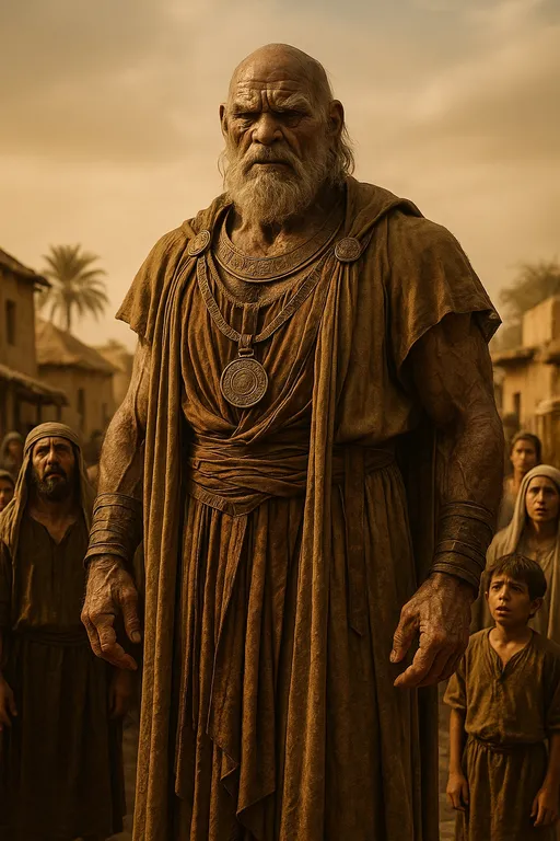 Prompt: A hyper-realistic, cinematic image of Og, the legendary giant king from ancient times, standing imposingly in the center of an ancient village. Og is a towering humanoid figure, over 13 feet tall, with deeply weathered skin like stone, muscular and aged by centuries. He wears legendary robes and ornaments from antiquity—elaborate, flowing garments made of ancient fabrics, leather straps, and bronze accessories etched with symbols lost to history. His presence is both majestic and terrifying. The villagers around him—men, women, and children dressed in ancient Middle Eastern attire—look up at him in awe, fear, and reverence. The camera focuses on Og’s upper body and face, capturing his immense size, powerful features, and mysterious, ancient gaze. The background shows clay huts, stone roads, and desert vegetation under a golden, dusty sky. Shot with a Canon EOS R5, 50mm lens, cinematic lighting, shallow depth of field.