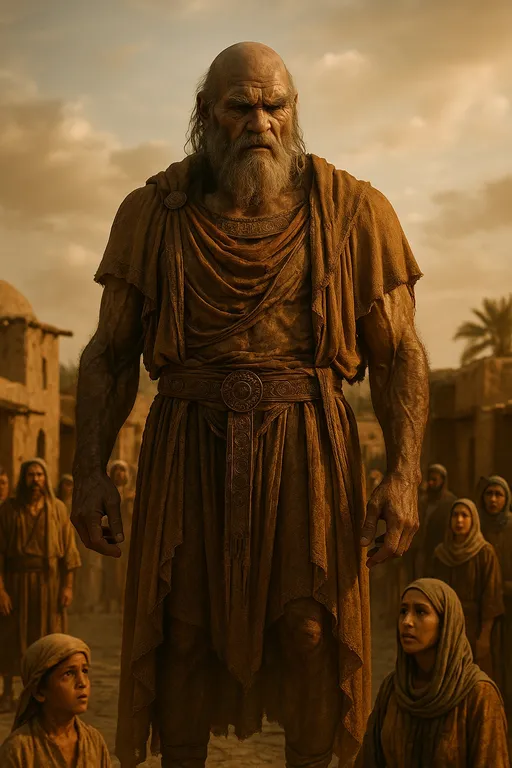 Prompt: A hyper-realistic, cinematic image of Og, the legendary giant king from ancient times, standing imposingly in the center of an ancient village. Og is a towering humanoid figure, over 13 feet tall, with deeply weathered skin like stone, muscular and aged by centuries. He wears legendary robes and ornaments from antiquity—elaborate, flowing garments made of ancient fabrics, leather straps, and bronze accessories etched with symbols lost to history. His presence is both majestic and terrifying. The villagers around him—men, women, and children dressed in ancient Middle Eastern attire—look up at him in awe, fear, and reverence. The camera focuses on Og’s upper body and face, capturing his immense size, powerful features, and mysterious, ancient gaze. The background shows clay huts, stone roads, and desert vegetation under a golden, dusty sky. Shot with a Canon EOS R5, 50mm lens, cinematic lighting, shallow depth of field.
