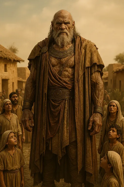 Prompt: A hyper-realistic, cinematic image of Og, the legendary giant king from ancient times, standing imposingly in the center of an ancient village. Og is a towering humanoid figure, over 13 feet tall, with deeply weathered skin like stone, muscular and aged by centuries. He wears legendary robes and ornaments from antiquity—elaborate, flowing garments made of ancient fabrics, leather straps, and bronze accessories etched with symbols lost to history. His presence is both majestic and terrifying. The villagers around him—men, women, and children dressed in ancient Middle Eastern attire—look up at him in awe, fear, and reverence. The camera focuses on Og’s upper body and face, capturing his immense size, powerful features, and mysterious, ancient gaze. The background shows clay huts, stone roads, and desert vegetation under a golden, dusty sky. Shot with a Canon EOS R5, 50mm lens, cinematic lighting, shallow depth of field.