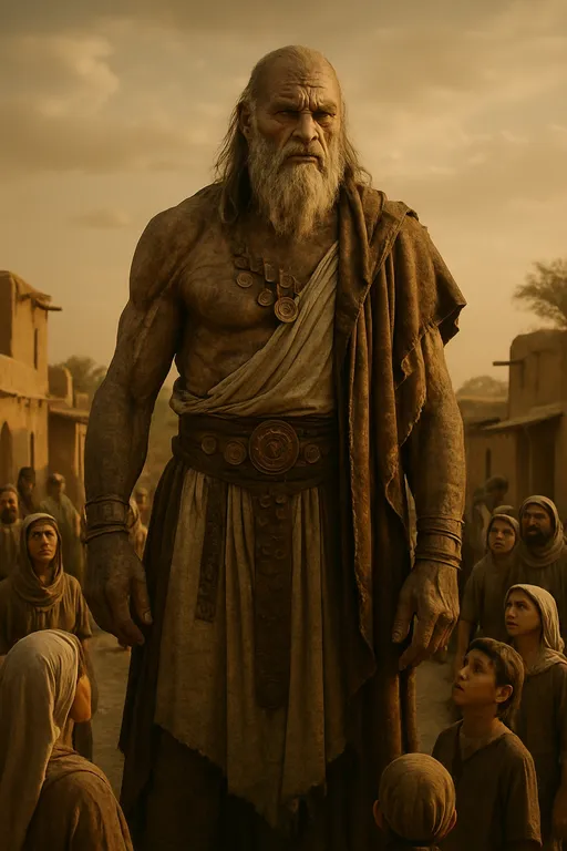 Prompt: A hyper-realistic, cinematic image of Og, the legendary giant king from ancient times, standing imposingly in the center of an ancient village. Og is a towering humanoid figure, over 13 feet tall, with deeply weathered skin like stone, muscular and aged by centuries. He wears legendary robes and ornaments from antiquity—elaborate, flowing garments made of ancient fabrics, leather straps, and bronze accessories etched with symbols lost to history. His presence is both majestic and terrifying. The villagers around him—men, women, and children dressed in ancient Middle Eastern attire—look up at him in awe, fear, and reverence. The camera focuses on Og’s upper body and face, capturing his immense size, powerful features, and mysterious, ancient gaze. The background shows clay huts, stone roads, and desert vegetation under a golden, dusty sky. Shot with a Canon EOS R5, 50mm lens, cinematic lighting, shallow depth of field.