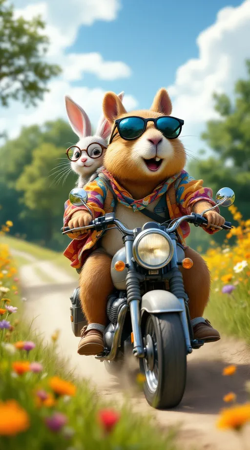Prompt: A happy capybara wearing sunglasses and colorful summer clothes, confidently driving a motorcycle through a sunny countryside. Behind her, a cheerful rabbit in matching summer attire and round glasses clings gently to her back, smiling with excitement. They ride through open green fields, with wildflowers, trees, and a clear blue sky all around. The wind flows through their fur and clothes as the bike speeds down a dirt path. Their joy and friendship radiate through the scene. Bright, whimsical, highly detailed, cinematic lighting, and full of warmth and adventure..