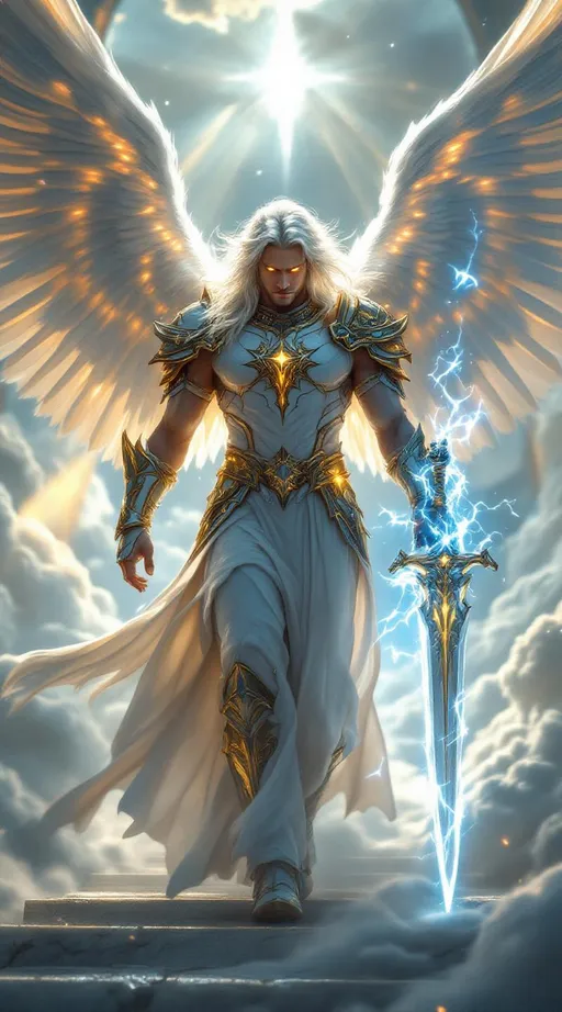 Prompt:  A majestic, powerful male angel with long white hair, glowing eyes, and massive white wings, wearing royal, divine armor with golden details. He is walking through a luminous celestial temple in the sky, holding a thunder-like glowing sword. The temple is made of marble and light, surrounded by clouds and radiant beams of sunlight. Cinematic camera movement, epic lighting, detailed textures, ultra-realistic animation, dramatic atmosphere, 4K resolution, 24fps.