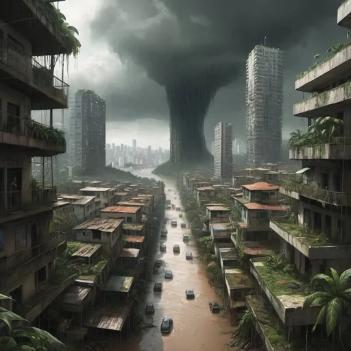 Prompt: conceptual sketch of a dystopia, brazil, jungle, city, rio de janeiro, observer view, artistic, slightly cyberpunk, flooding, storm, capitalism
