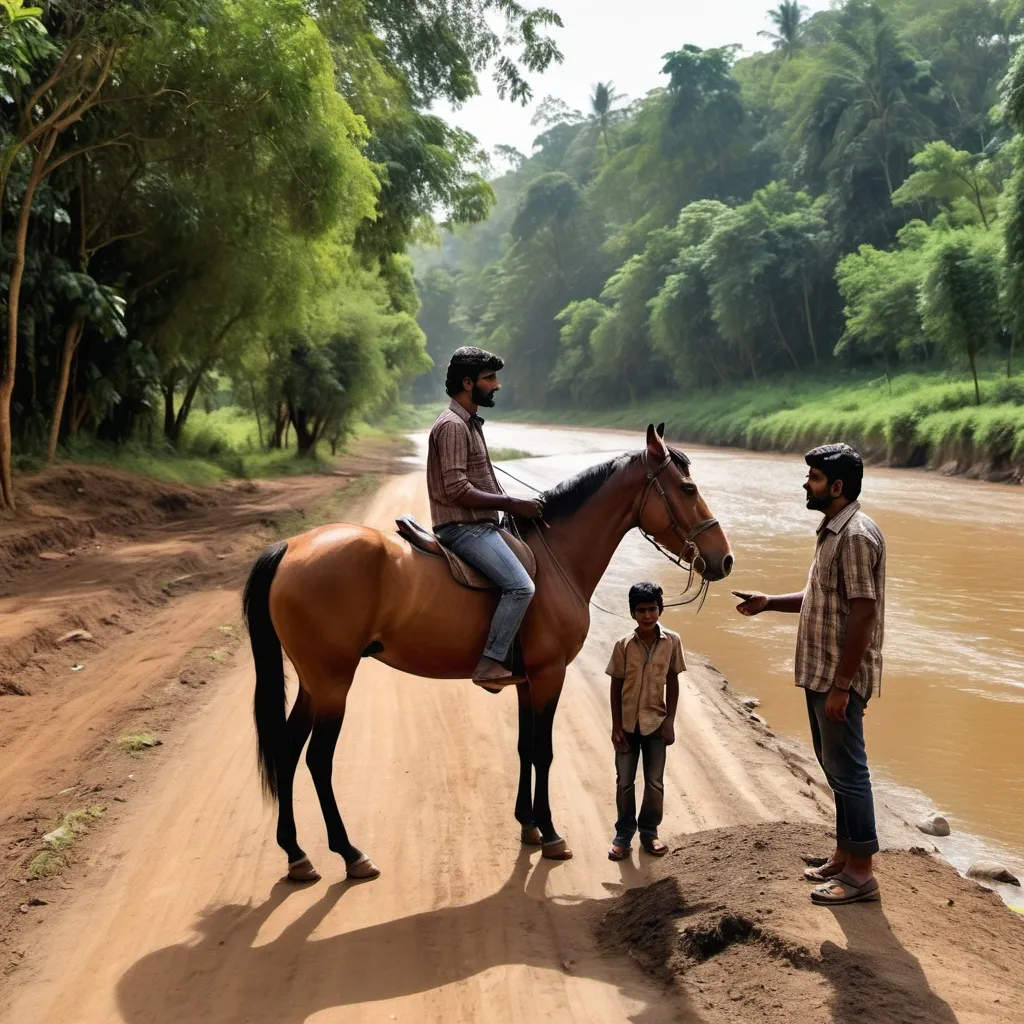 Prompt: a man standing next to a brown horse on a dirt road near a river and a forest area with a few horses, Bholekar Srihari, hurufiyya, jayison devadas, a picture