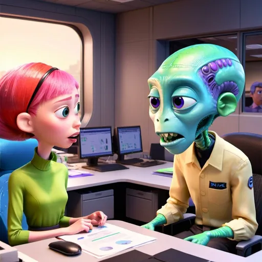 Prompt: Cartoon office setting, alien coworker talking to human colleague, detailed facial features, vibrant colors, comic style, alien characteristics, professional attire, futuristic office equipment, friendly interaction, high quality, vibrant colors, detailed characters, comic style, futuristic, professional attire, friendly interaction, office setting