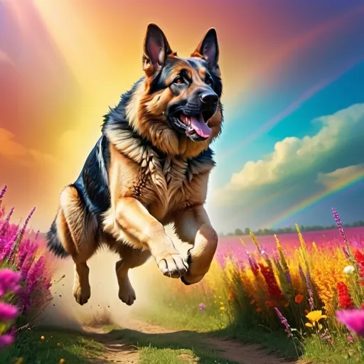 Prompt: german shepherd jumping with colors flowing off of him