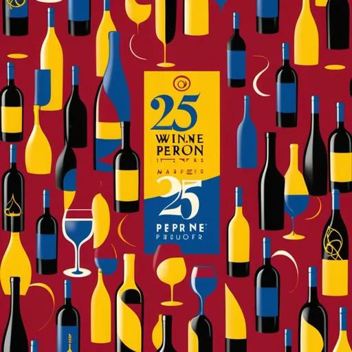 Prompt: Vintage poster (celebrating 25 years of a wine importer), inspired by René Péron, bold geometric shapes, (vibrant colors: crimson red, sunny yellow, cobalt blue), features 30 wine producers with bottles of organic, biodynamic wine, stylized vines, luscious grapes, retro typography, (dynamic and asymmetrical layout), high quality, artistic masterpiece, rich textures, eye-catching design.