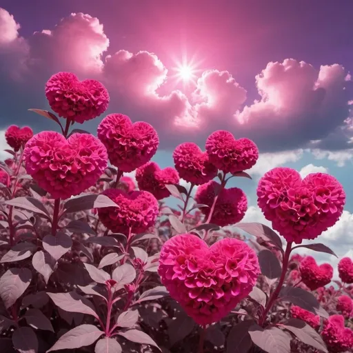 Prompt: Hot dark pink flowers with purple greenish leaves. redish pink heart shape clouds in the sky