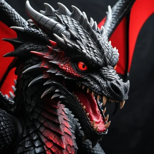 Prompt: Dragão enorme preto com escamas vermelhas com rosto virado para tela com fundo escuro.