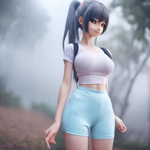 Prompt: Beautiful misty anime girl from pokemon with tight clothes shy but happy large waist short clothes facing camera looks realistic