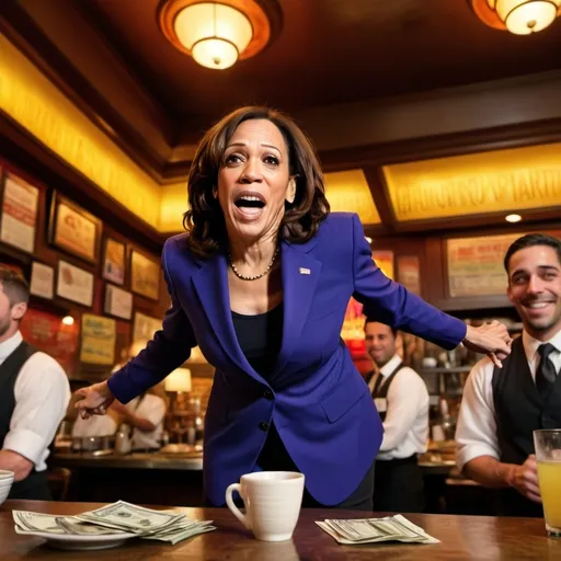 Prompt: Kamala Harris holding a waiter updside down shaking money out of them
