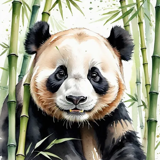 Prompt: Panda painting in watercolor, serene bamboo forest backdrop, detailed fur with soft brush strokes, cute and playful expression, high quality, watercolor painting, nature, detailed fur, serene, cute expression, playful, bamboo forest, artistic, high-res, professional
