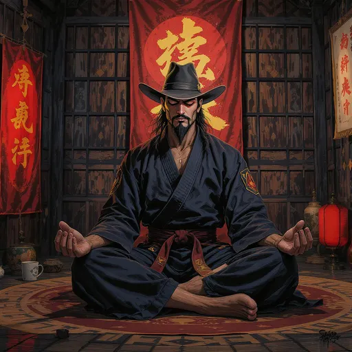 Prompt: cowboy bebop inspired sensei meditates in a dojo in the city