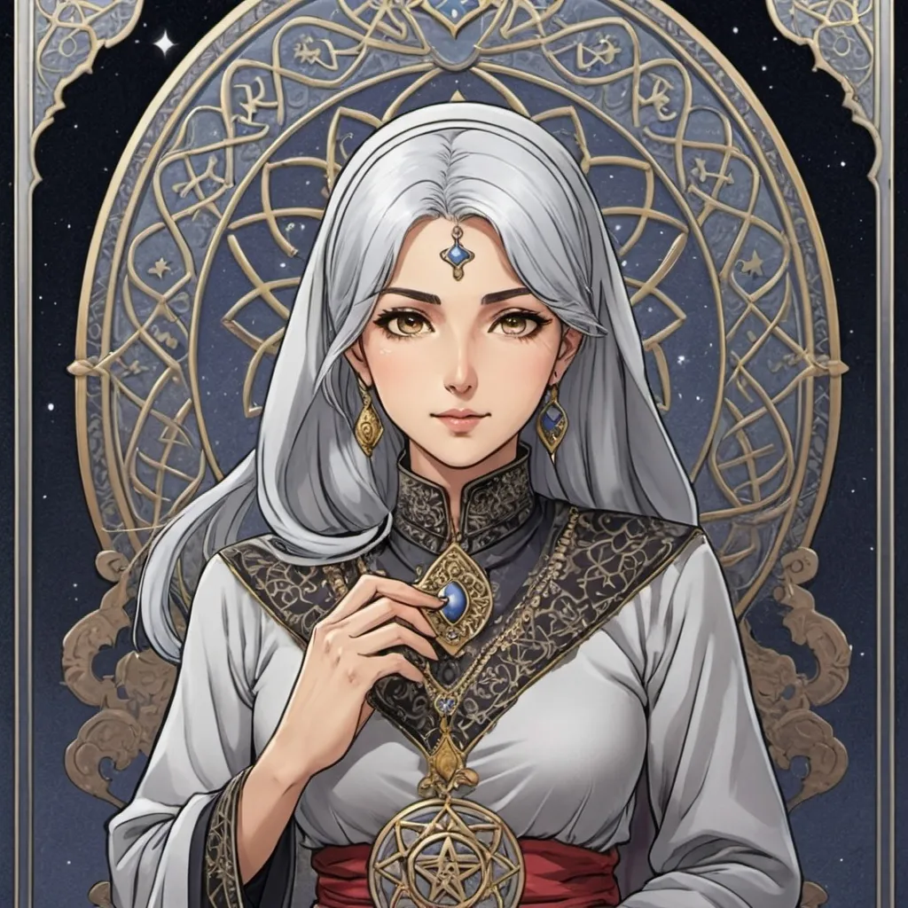 Prompt: tarot card Anime illustration, a silver-haired woman, muslim abhaya