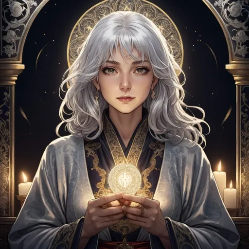 Prompt: tarot card Anime illustration, a silver-haired woman, detailed ornate cloth robe, dramatic lighting