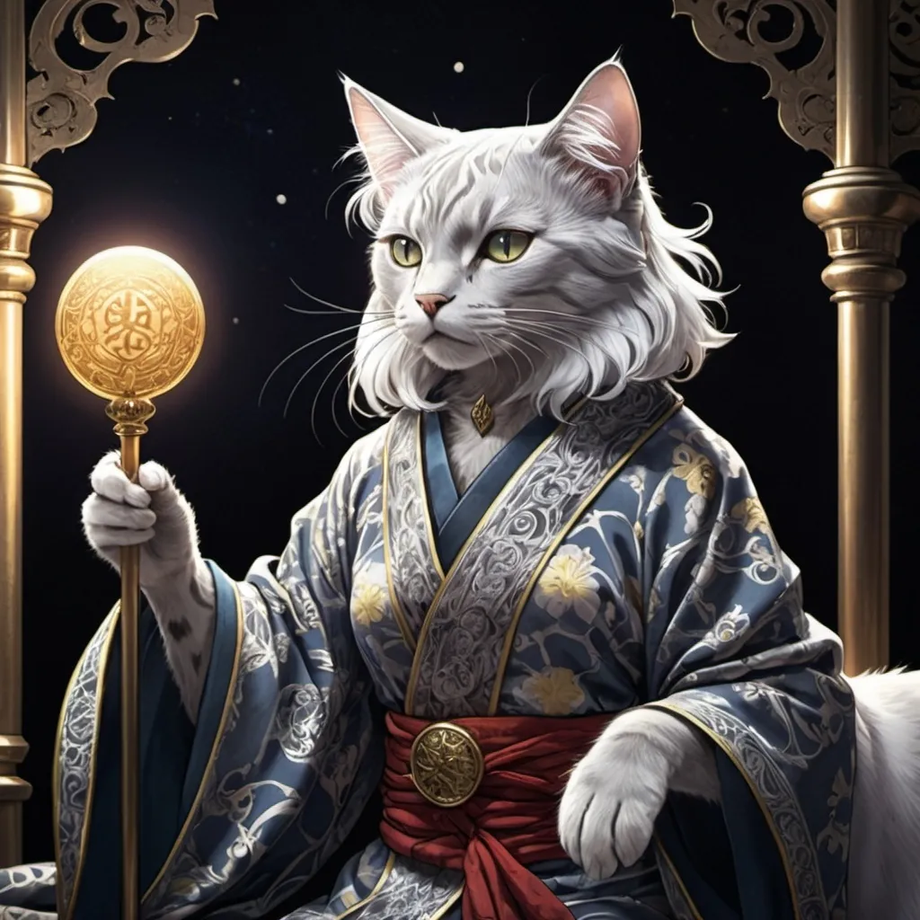 Prompt: tarot card Anime illustration, a silver-haired cat, detailed ornate cloth robe, dramatic lighting