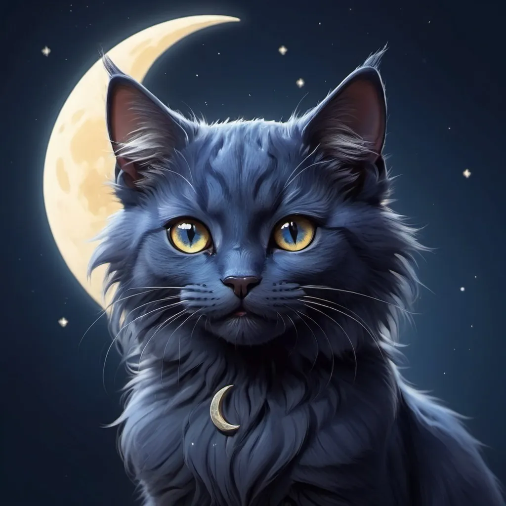 Prompt: Cute furry Dark blue  a 
cat with cesent moon on their forehead