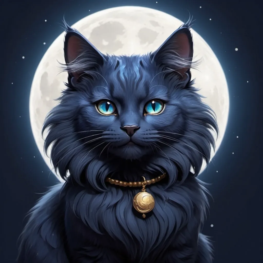 Prompt: Cute furry Dark blue  a 
cat with cesent moon on its forehead