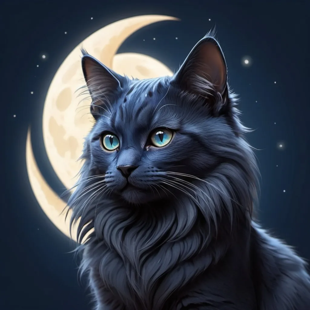 Prompt: Cute furry Dark blue  a 
cat with cesent moon on its forehead