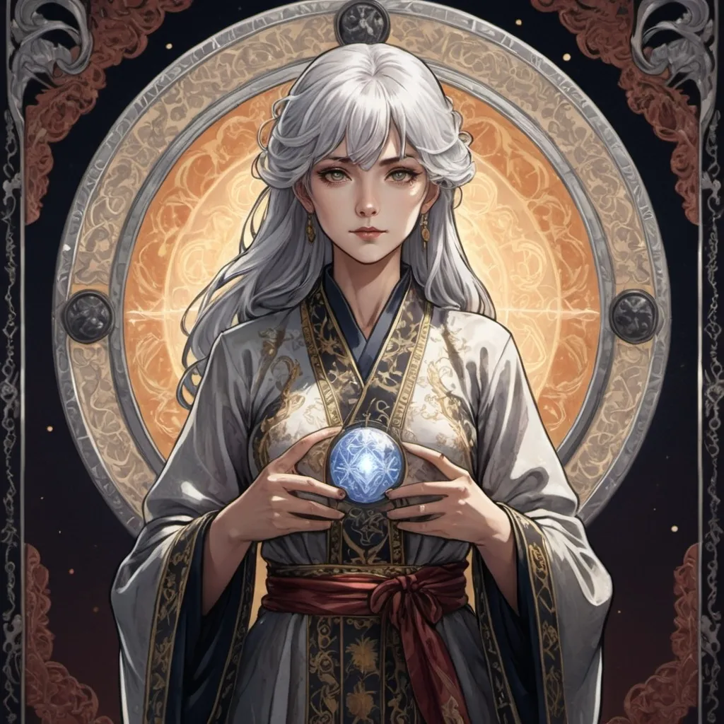 Prompt: tarot card Anime illustration, a silver-haired woman, detailed ornate cloth robe, dramatic lighting