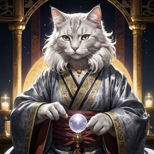 Prompt: tarot card Anime illustration, a silver-haired cat, detailed ornate cloth robe, dramatic lighting