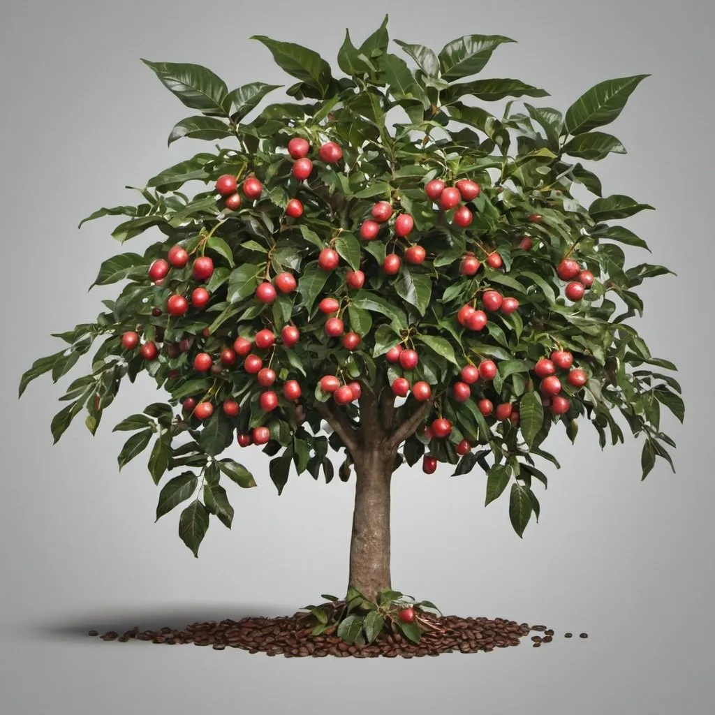 Prompt: Can you make an illlustration of coffee tree and give a transparent background color leafs should be bigger and The trunk of the tree should be dark brown and the fruits of the tree should attract attention.