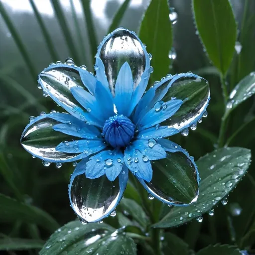 Prompt: Crystal blue flower after rain