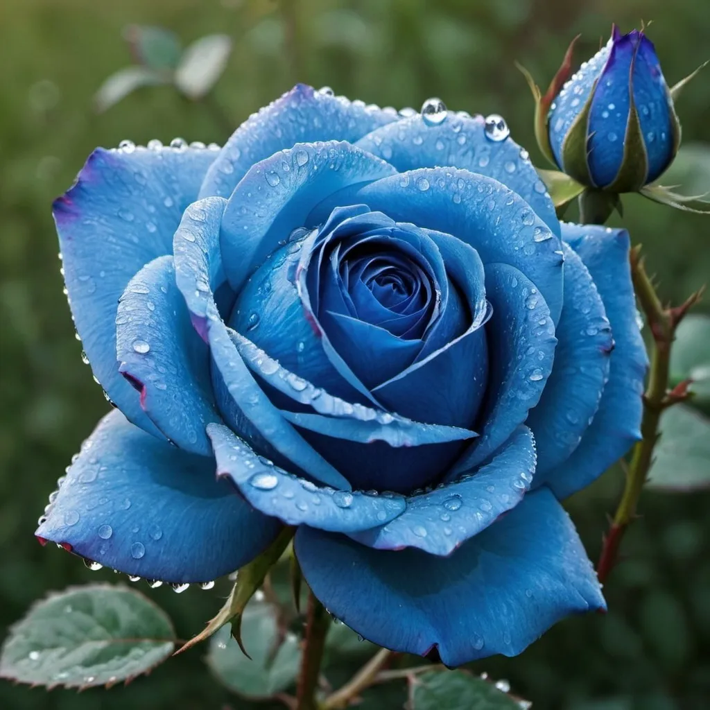 Prompt: Blue rose with dew morning