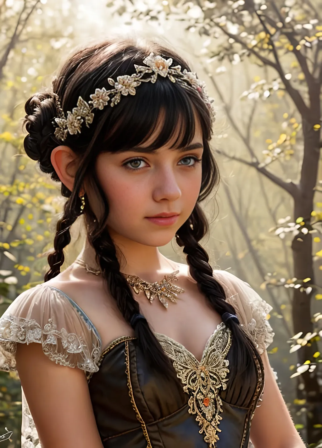 Prompt: beautiful halfling girl, black hair, blue eyes, pretty girly dress, lace, d & d, fantasy, intricate, elegant, highly detailed, digital painting, artstation, concept art, smooth, sharp focus, illustration, full body