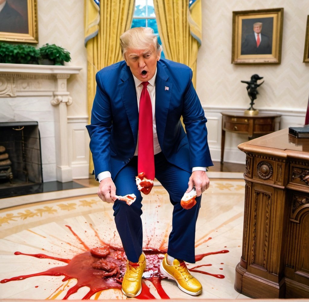 Prompt: Donald trump splattering ketchup in the White House wearing golden tennis shoes and a blue suit with a red tie