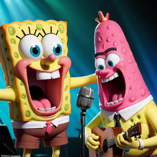 Prompt: Patrick and sponge bob singing 