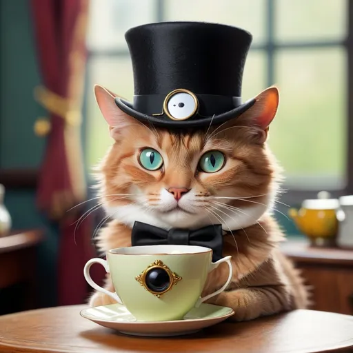 Prompt: A cat with a monocle top hat and a cup of tea