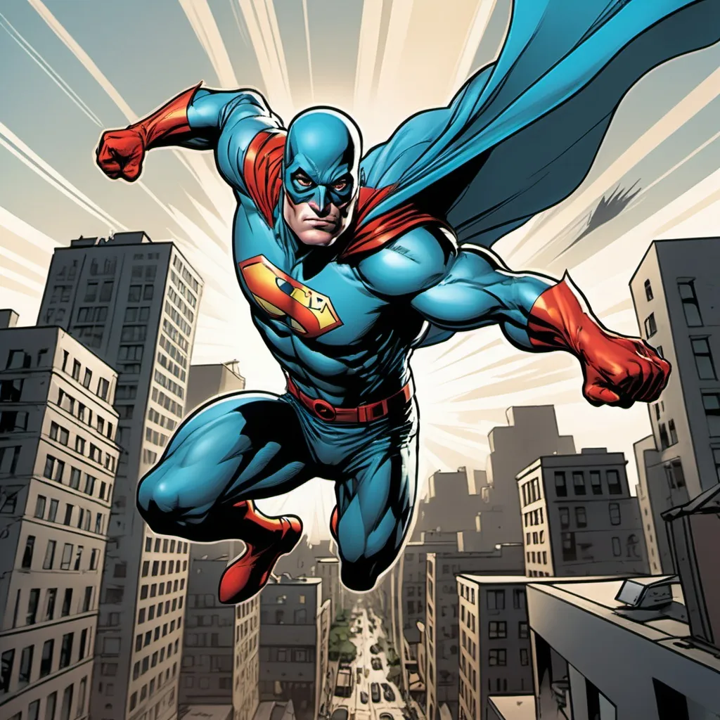 Prompt: Comic Art, A dynamic superhero in action, flying through a cityscape