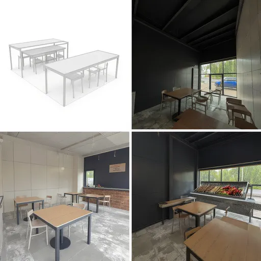 Prompt: Короче, мне надо создавать интерьер-дизайн для шаурмичной, где будут продавать шашлыка и так далее, квадратный, метр сорок пять. Там должно быть место, где будут сидеть и отдельное рабочее место. Создай мне такой интерьер-дизайн или скажи, как создавать.надо барная стойка