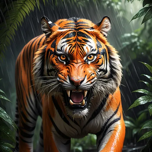 Prompt: a strong and Furios tiger in a rain forest orange and  black  and realistic with sharp teeth

