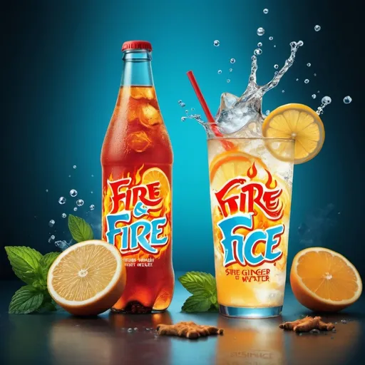 Prompt: create an advertising poster for a soft drink named Fire and Ice which contains Ginger Mint Citrus carbonated water. Slogan is Sizzle with spice , cool as ice