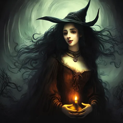 Prompt:  night of the witch, beautiful witch with magnificent witches hat flowing hair, vintage  scene background, romantic Rembrandt style 