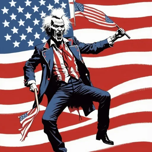 Prompt: SID VICIOUS AS UNCLE SAM KICKING A COMMUNIST, punk rock poster style, american flag, freedom, 