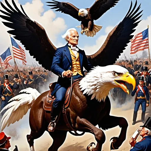 Prompt: Sam walton riding a bald eagle while andrew jackson marches behind him leading glorious troops into a walmart