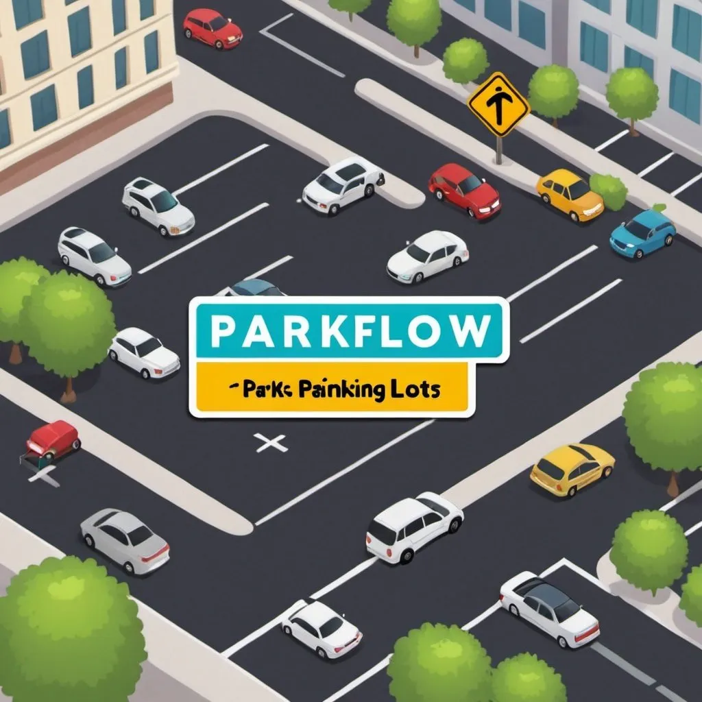 Prompt: Cartoon picture for an Mobile app that will show availible parking lots in cities make with a big text in the middle "ParkFlow"
