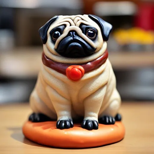 Prompt: A holdable statue of a pug sitting on a hamburger