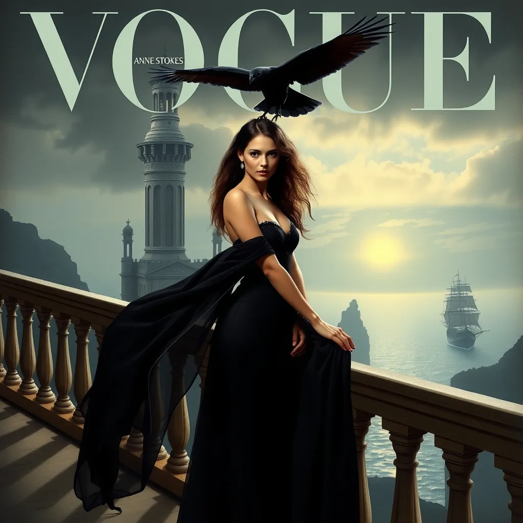 Prompt: a woman in a black dress standing on a balcony with a bird flying over her shoulder and a ship in the background, Anne Stokes, gothic art, dark fantasy art, a detailed matte painting she’s on Vogue cover her name is zara