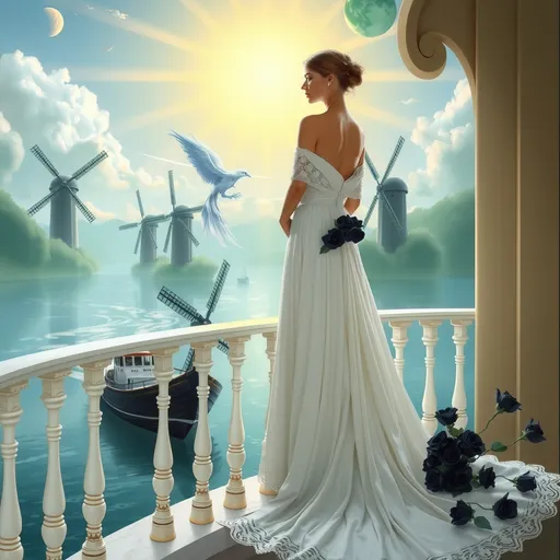 Prompt: A conceptual painting of a graceful white woman in an ice-black gown standing on a delicate balcony. She is draped with dark black roses. The woman stands serenely and gazes across a peaceful waterscape with a majestic boat gliding quietly. The background contains a sky with several windmills, an ethereal ice phoenix, a radiant sun, a crescent moon, and clouds of vivid green. The overall image exudes elegance and tranquility.